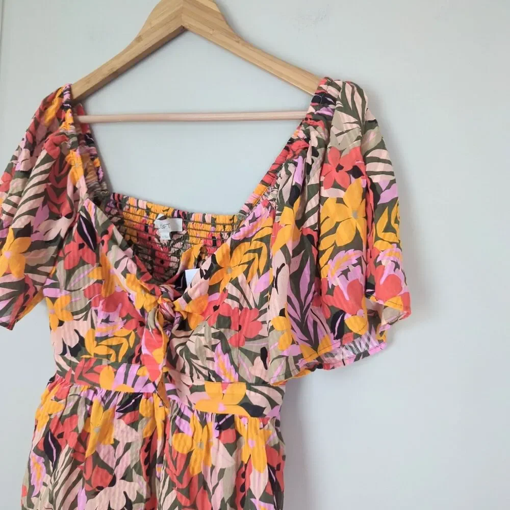 Ann Taylor LOFT NWT Floral Tie Front Puff Sleeve Peplum Hem Smocked Top Medium
